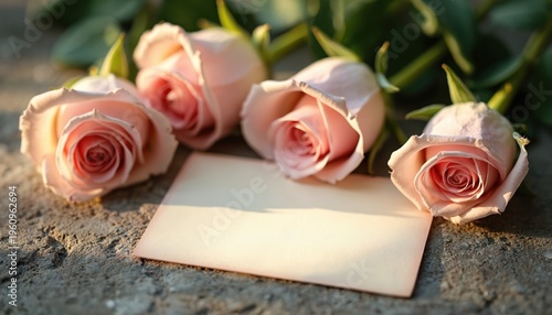 Light pink roses lay on textured ground next to blank card. Gentle sunlight highlights delicate petals. Perfect for greeting cards invitations.