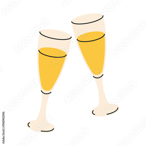 Two champagne glasses clinking. Elegant sparkling wine flutes for wedding toast, party celebration and festive event design.