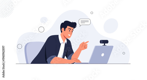 Man on video call, pointing finger, laptop, webcam, chat bubble, online communication