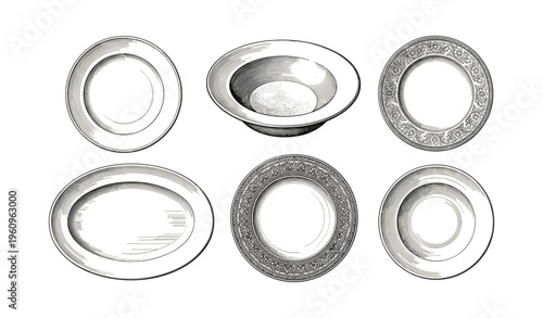 Elegant collection of six vintage porcelain plates with intricate patterns