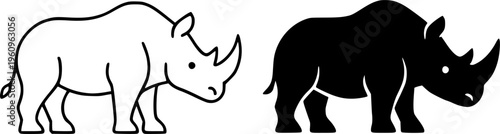 Rhino illustration icon, outline and silhouette, for animal or wildlife symbol design