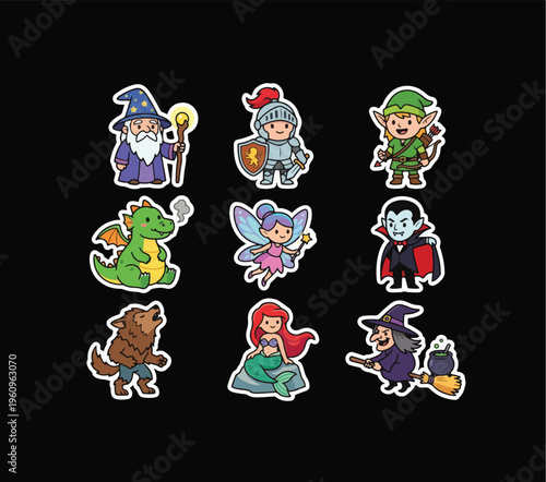 Cute Cartoon Fantasy and RPG Character Sticker Set with Wizard, Knight, Vampire, Fairy, Demon and Monster on Black Background