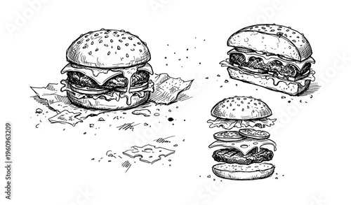 Hand-drawn cheeseburger illustrations with toppings and ingredients