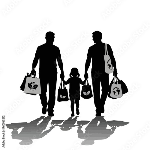 Silhouette of family walking with bags.