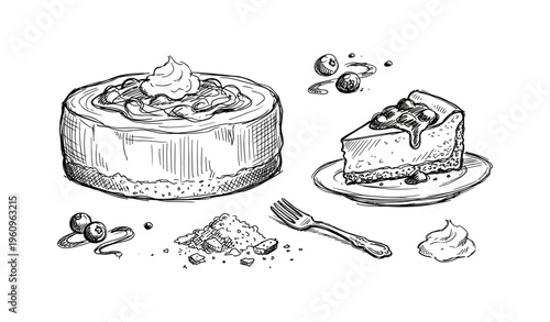 Hand-drawn cheesecake slice with berries and cream on fork with crumbled toppings