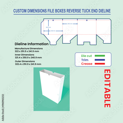 Custom dimensions file box reverse tuck end dieline and 3D model packaging template