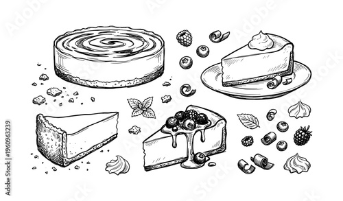 Assorted cheesecake illustrations with berries and whipped cream details