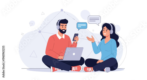 Young couple with headphones and devices, communicating online, flat design