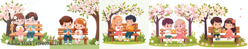 vector of children sitting together on a park bench drinking orange juice in spring