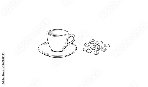 Sketch of a coffee cup and saucer with coffee beans