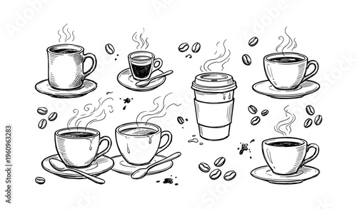 Hand-drawn coffee cups and beans with steaming hot beverages