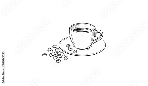 Sketch of coffee cup with saucer and coffee beans