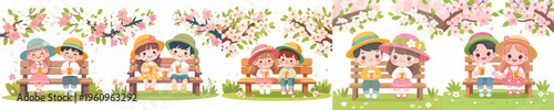 vector of children sitting together on a park bench drinking orange juice in spring