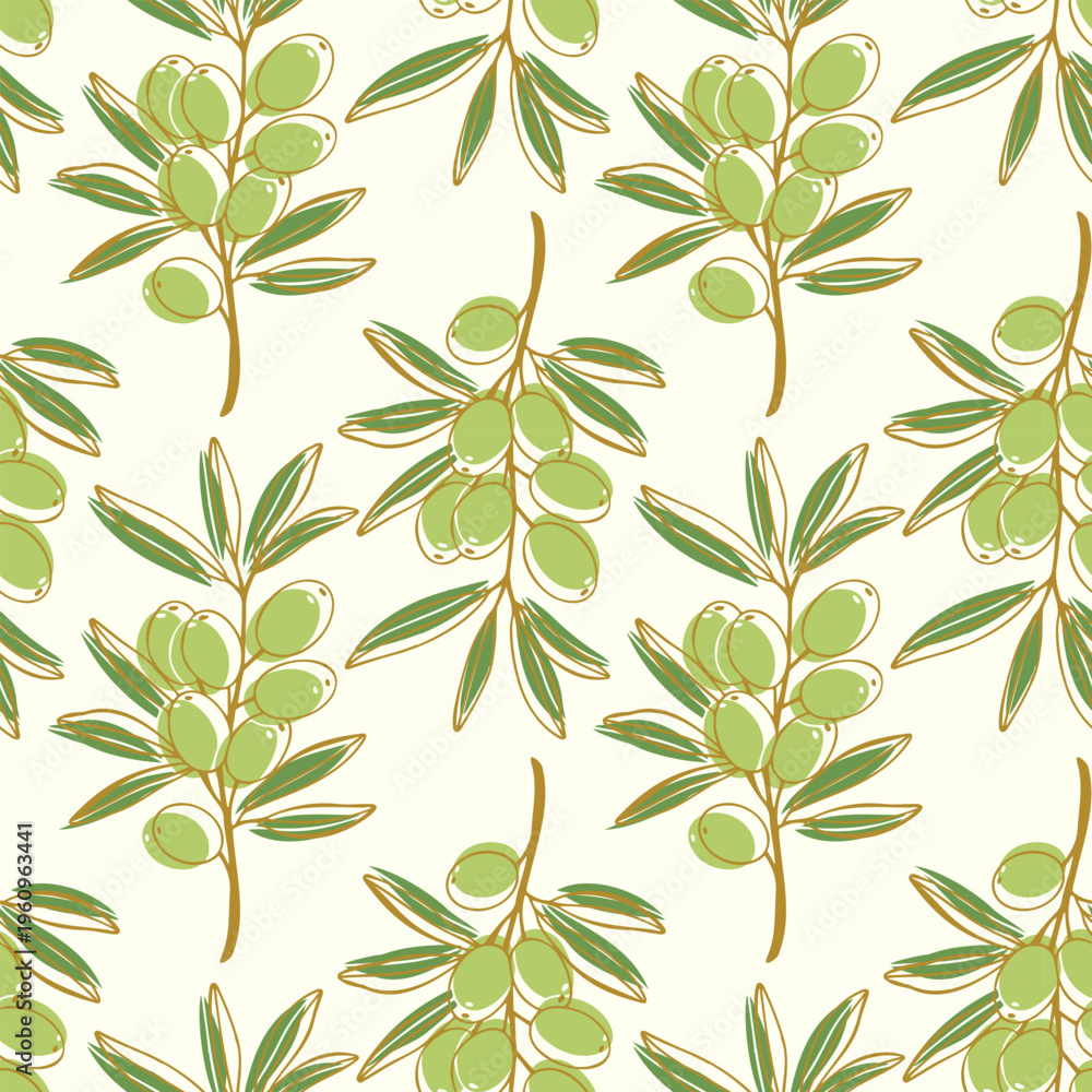 Fototapeta premium seamless hand-drawn olive branch pattern for organic food packaging, mediterranean kitchen decor and eco-friendly textile design