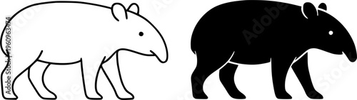 Tapir illustration icon, outline and silhouette, for animal symbol design