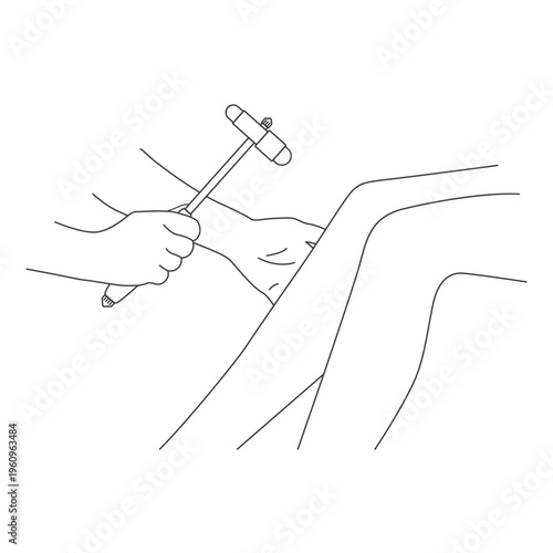 Line vector illustration of doctor testing the knee reflex on legs with a reflex hammer. The patient at an appointment by neurologist. Neurological examination using a professional medical tool