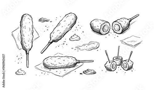 Hand-drawn sketch of corn dogs and fried snacks with dipping sauces