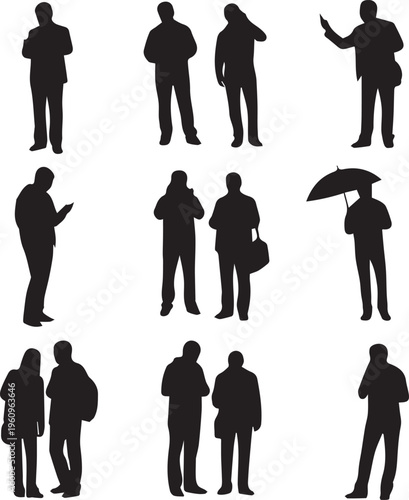Business people silhouettes and icons set with men and women in various poses.