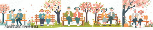 vector of a old couple sitting together on a park bench drinking orange juice in spring