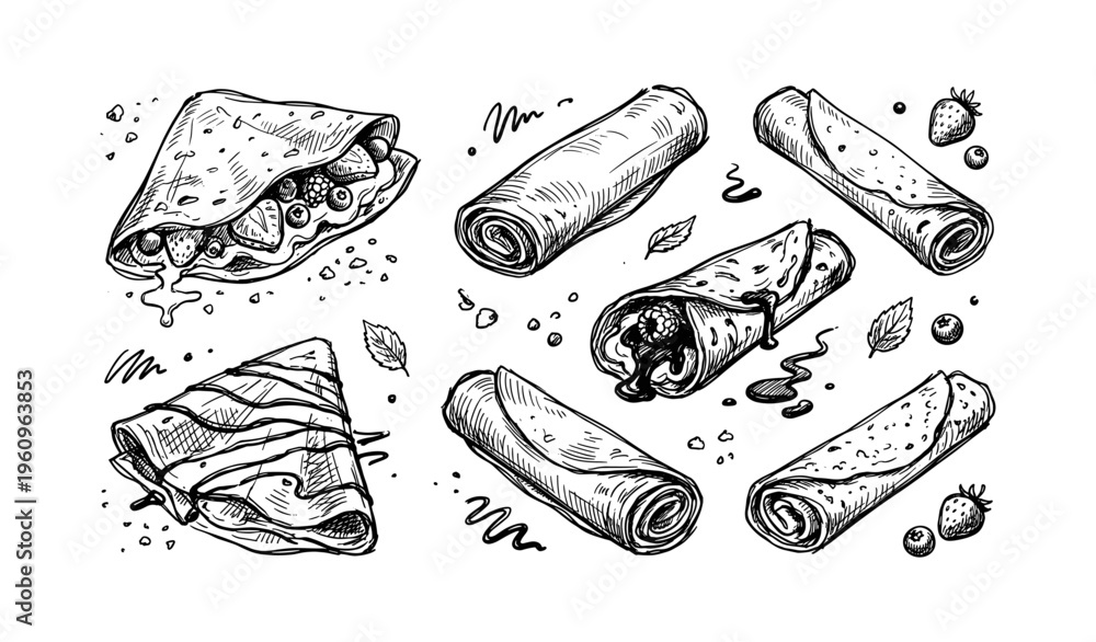 Obraz premium Variety of crepes filled with fruits and sauces in artistic illustration