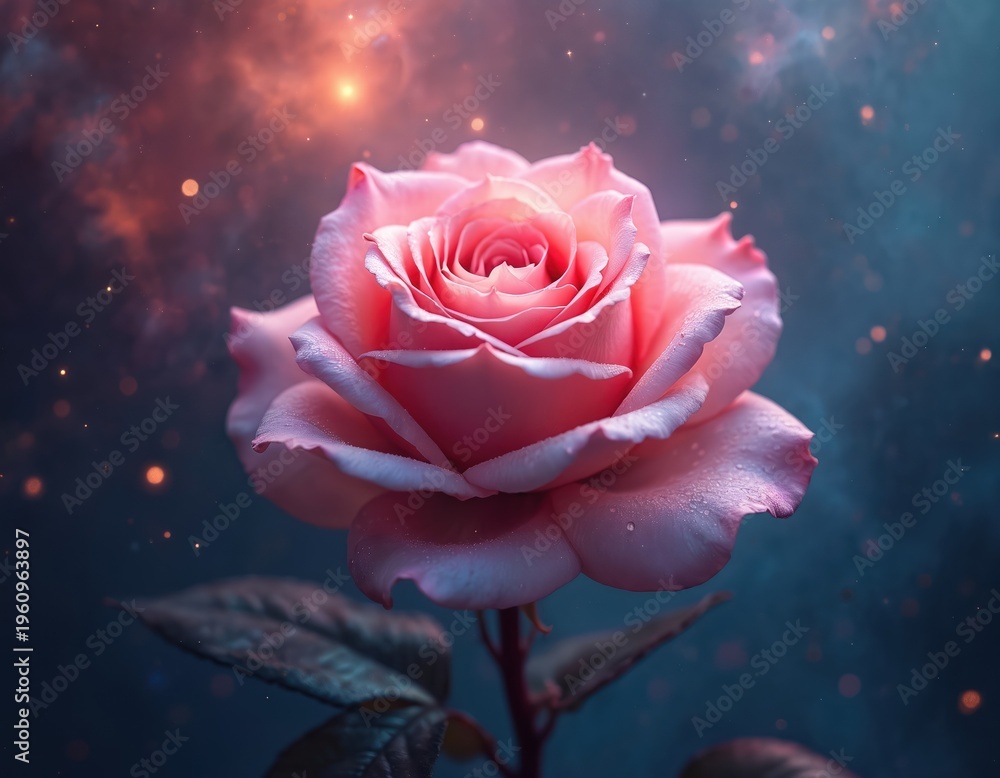 Fototapeta premium Pink rose flower glows in cosmic nebula background. Delicate petals sparkle with dew drops. Celestial beauty floats in deep space under faint starlight.