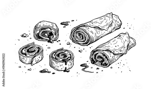 Hand-drawn illustration of rolled pastries with filling and crumbs