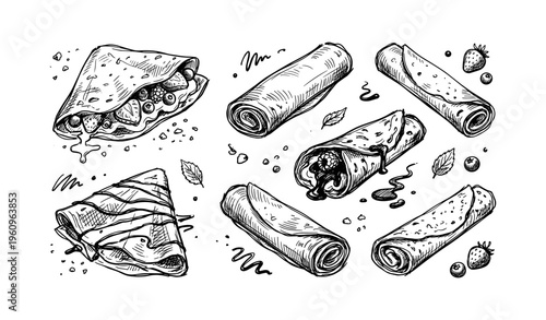 Variety of crepes filled with fruits and sauces in artistic illustration