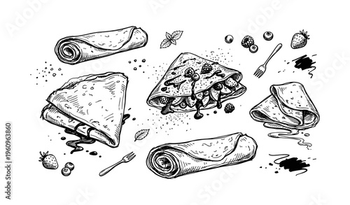 Hand-drawn assorted crepes and berries on white background