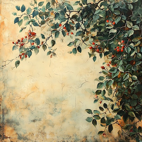 Nature's Grace: A beautiful artistic representation of a plant branch filled with leaves and berries, adding elegance to the scene.