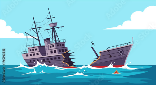 A large cargo ship broken in two halves floating in the blue ocean after a shipwreck accident.