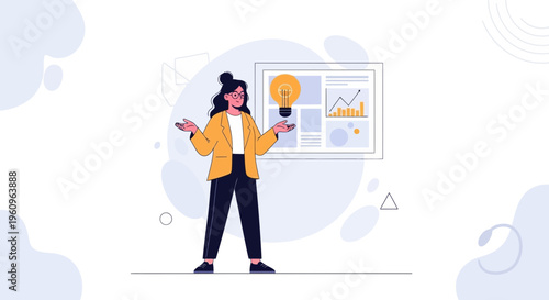 Businesswoman with idea lightbulb and analytics chart on presentation board