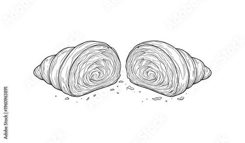 Hand-drawn croissant illustration showing detailed layers and flaky texture