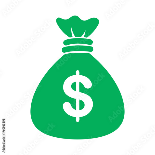 Green money bag vector icon featuring dollar sign symbol for wealth, financial success and business profit