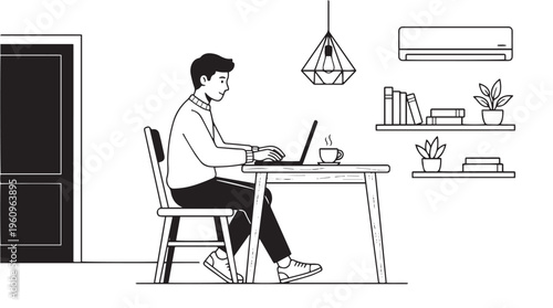 A man working on a laptop at a desk in a minimalist home office, with shelves, plants, and an air conditioner in a black and white line art style.