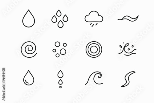 Hydration Icon Set. Hydration textures. Line outline icon set of hydration textures: water droplet, dew