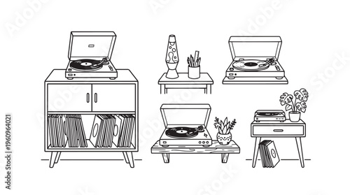 Line art illustrations of vintage record players on various furniture pieces with decorative items like plants, books, and lava lamps, showcasing retro home decor.