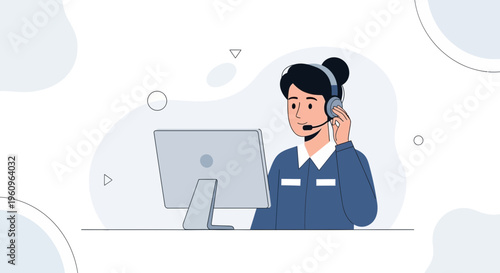 Customer service operator with headset and computer, flat illustration