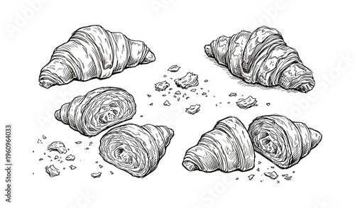 Hand-drawn croissants and crumbs in black and white sketch style