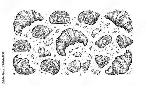 Hand-drawn croissants and pastry crumbs on white background