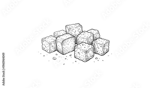 Hand-drawn sugar cubes sketch with crumb details on white background