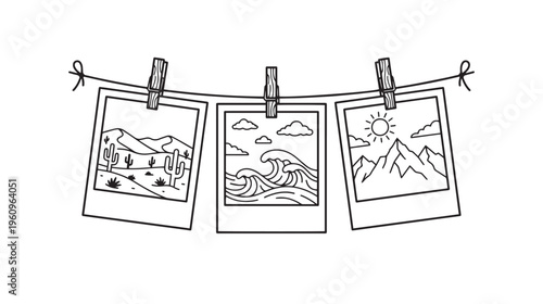 Line art illustration of three polaroid photos depicting diverse natural landscapes: a desert, an ocean with waves, and mountains, all hanging on a string.