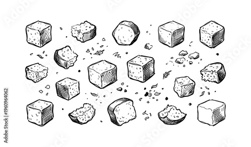 Hand-drawn cheese cubes and crumbs on white background