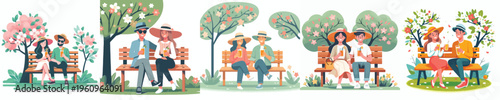 vector of a couple sitting together on a park bench drinking orange juice in spring
