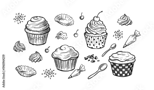 Hand-drawn cupcake illustrations with toppings and baking utensils