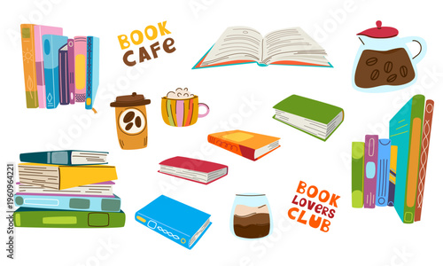 Book cafe set. Book lovers club. Stacks of colorful books, open textbook, coffee pot, cups and glass for library promotion, reading cafe and hobby illustration vector