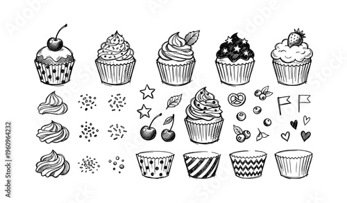 Hand-drawn cupcake illustrations with toppings and decorations in black and white
