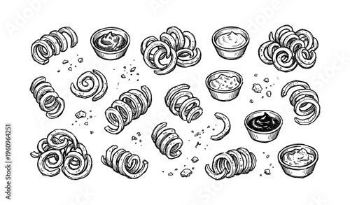 Curling fries and various dipping sauces in an artistic arrangement