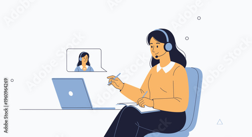Online Learning: Woman with headset and laptop, video call, taking notes