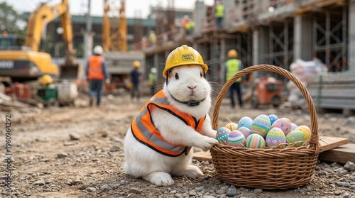 Funny white rabbit in safety vest and helmet at construction site with colorful Easter eggs, playful holiday concept