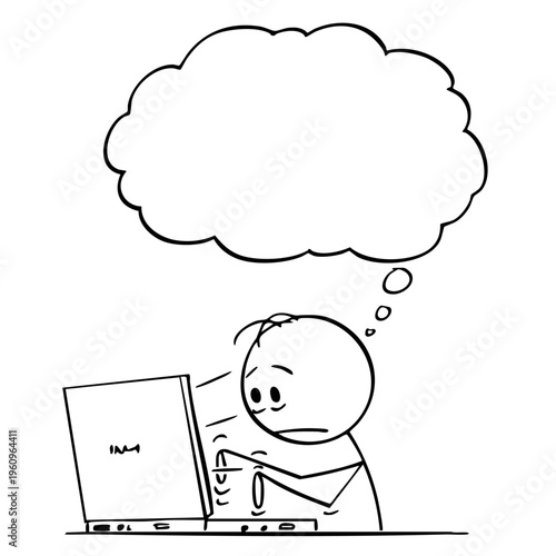 A frustrated cartoon character sitting at a laptop with a thought bubble